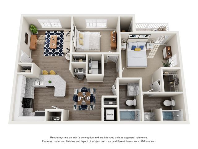 3D rendering The Pinecrest two-bedroom apartment floorplan with two bathrooms, living room, dining room, kitchen, pantry, closets, storage, and porch.
