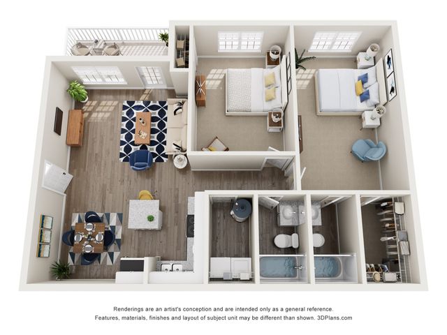 3D rendering of The Reserve two-bedroom apartment floor plane with two bathrooms, living room, dining room, kitchen, laundry area, closet, and porch.