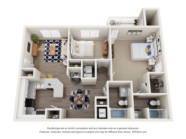 3D rendering of The Oasis two-bedroom floor plan with two bathrooms, living room, dining room, kitchen with pantry, desk area, closets, storage, and porch.