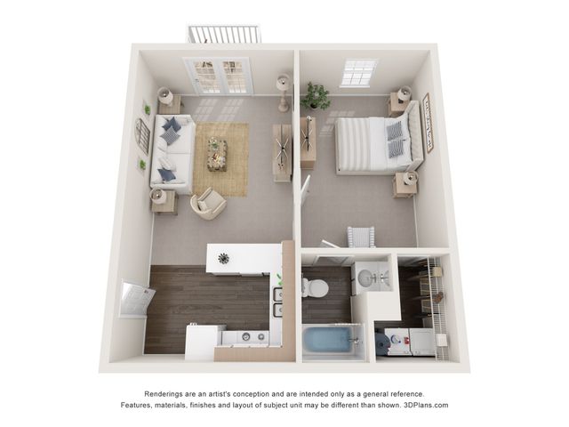 Charming 3D floor plan showcasing 1 bedroom apartment with cozy living area, stylish kitchen, and modern bathroom.
