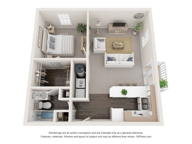 Modern 3D floor plan showcasing a cozy one-bedroom apartment with an open-concept living and dining area, stylish kitchen, and a well-appointed bathroom. Includes a walk-in closet and laundry space, ideal for comfortable living.
