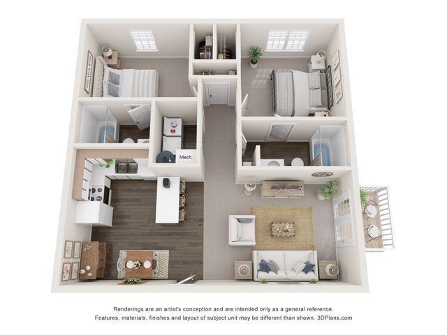 Charming 3D apartment floor plan showcasing 2 bedrooms, 2 bathrooms, a modern kitchen, spacious living area, and cozy dining space, perfect for contemporary living.