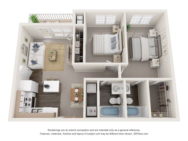 Contemporary floor plan showcasing a stylish 2-bedroom apartment with an open-concept living and dining area, modern kitchen, and private balcony.
