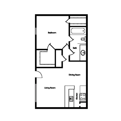 Elegant 1-bedroom apartment floor plan with spacious living room, modern kitchen, and cozy dining area.