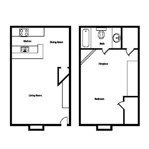 Modern floor plan showcasing a cozy living room, spacious kitchen with dining area, and a bedroom featuring a fireplace and ensuite bath.