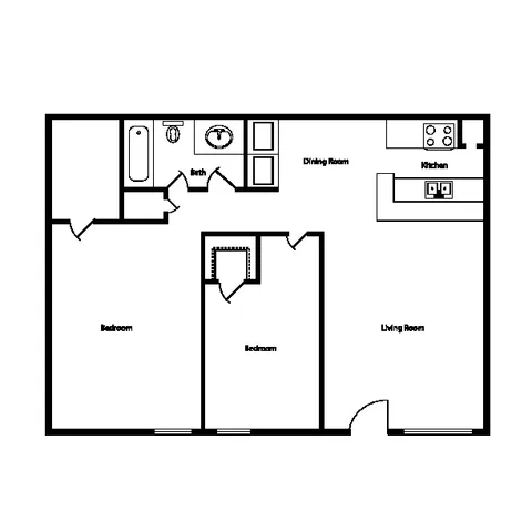 Modern apartment floor plan showcasing 2 bedrooms, a well-appointed kitchen, dining room, and spacious living area with a bath.