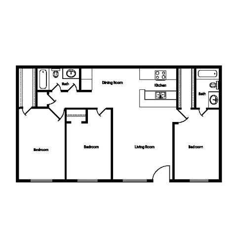 Modern floor plan showcasing 3 bedrooms, spacious living room, dining area, and a well-equipped kitchen. Ideal for comfortable family living.
