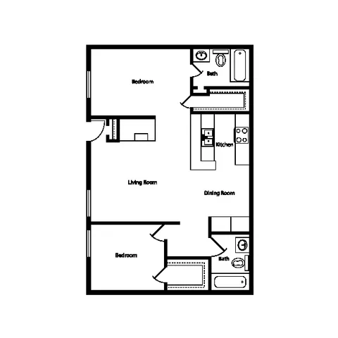 Modern 2D floor plan showcasing 2 bedrooms, an inviting living room, a sleek kitchen, and 2 bathrooms.