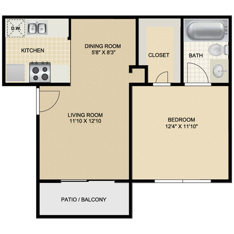 Charming apartment floor plan featuring a spacious bedroom, modern kitchen, cozy living room, dining area, and a relaxing patio/balcony.
