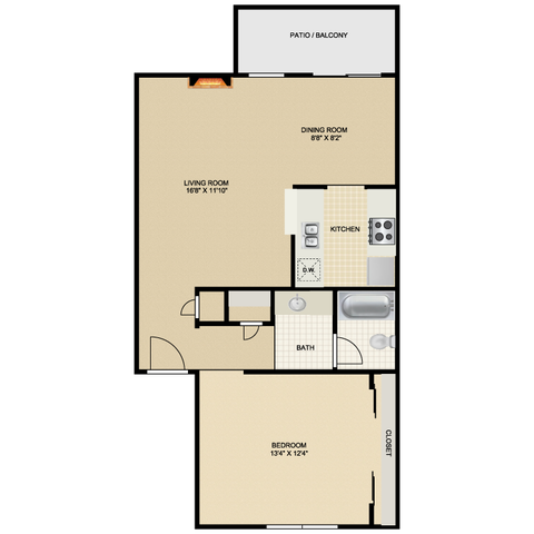Inviting 1-bedroom floor plan featuring an open-concept living and dining area, modern kitchen, and spacious patio.