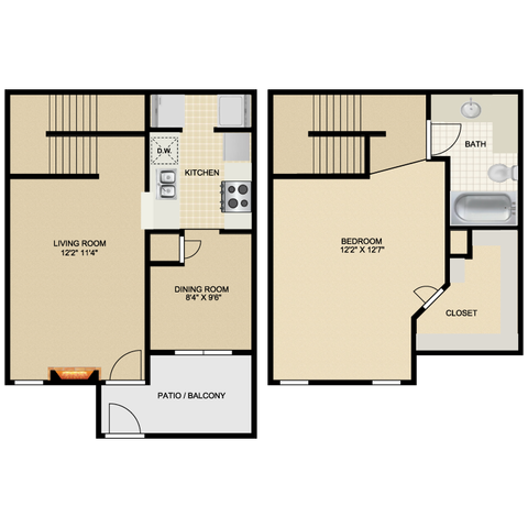 Charming two-story apartment floor plan highlighting a spacious living room, modern kitchen, cozy dining area, master bedroom with en-suite bath, and a private patio for outdoor relaxation.
