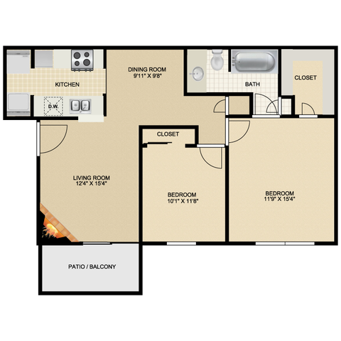 Inviting floor plan showcasing 2 bedrooms, a cozy living room, modern kitchen, and dining area, featuring a patio/balcony access.
