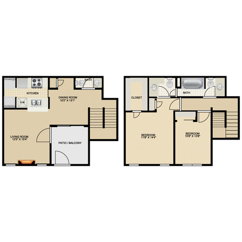 Modern two-level floor plan showcasing an open kitchen, spacious living room, and private patio on the first floor; two cozy bedrooms and a full bathroom on the second floor. Perfect for comfortable living.