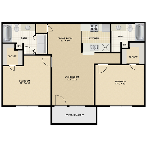 Elegant floor plan with two spacious bedrooms, stylish kitchen, open living area, dining room, and a private patio.