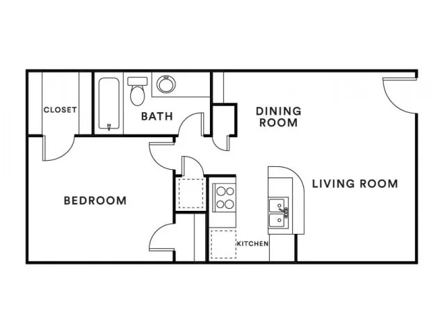 Charming floor plan showcasing 1 bedroom, a dining room, and a cozy kitchen adjacent to the living room.