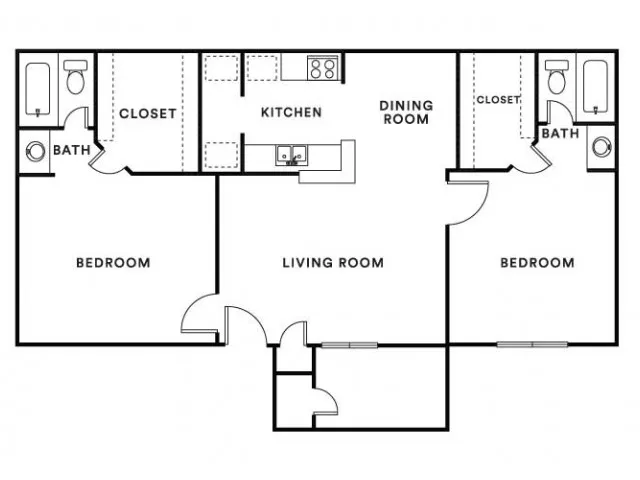 Elegant floor plan showcasing 2 bedrooms, 2 bathrooms, a cozy living room, a modern kitchen, and a dining area with ample closet space.