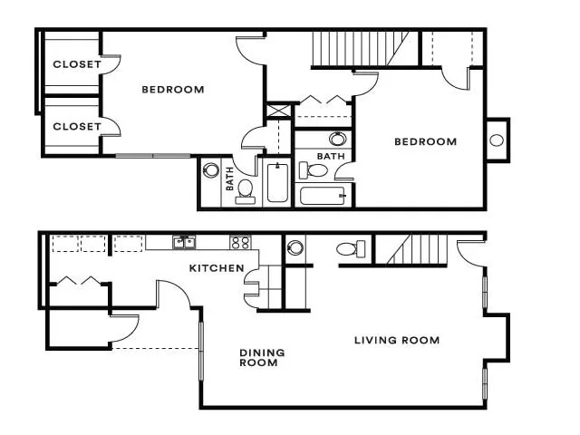 Modern multi-level floor plan displaying 2 spacious bedrooms, a sleek kitchen, elegant dining room, and inviting living room.