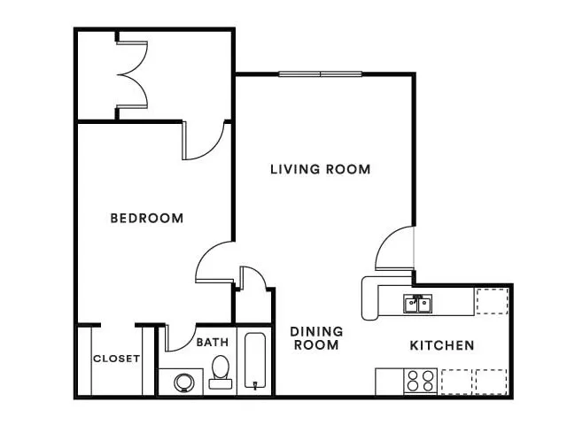 Modern floor plan design showcasing one-bedroom layout with a spacious living room, dedicated dining area, and fully equipped kitchen.