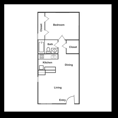 Inviting apartment floor plan showcasing one bedroom, a modern kitchen, spacious living and dining areas, complete with generous storage and a stylish bathroom.