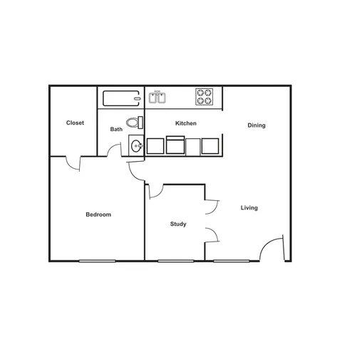 Modern 2D floor plan featuring a spacious bedroom, study, open kitchen, dining, and living area.