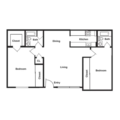 Modern 2D floor plan with 2 bedrooms, open living and dining areas, well-equipped kitchen, and 2 bathrooms. Ideal layout for comfortable living.