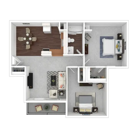 Contemporary floor plan showcasing a spacious 2-bedroom apartment with an open living area, modern kitchen, and private outdoor patio.