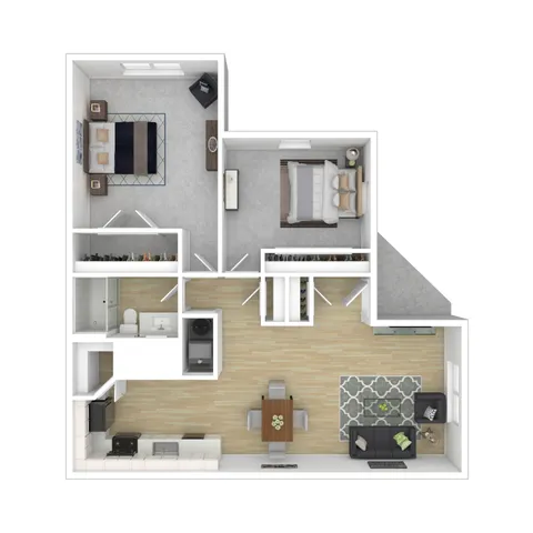 Contemporary 2D floor plan showcasing 2 bedrooms, an open living-dining area, and a modern kitchen.