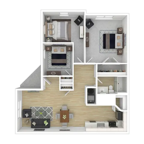 Modern 2D floor plan featuring 2 spacious bedrooms, a stylish open-concept living and dining area, sleek kitchen, walk-in closets, and a well-appointed bathroom.