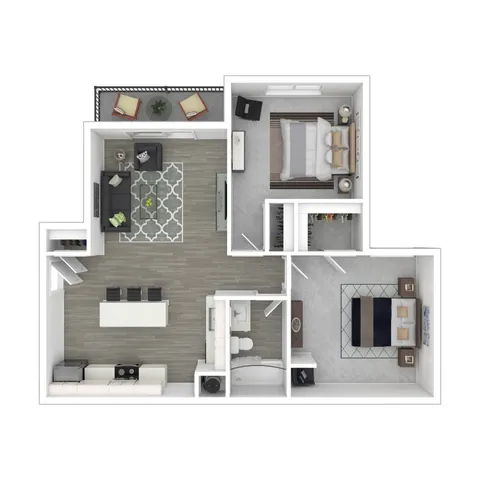 Modern floor plan showcasing 2 bedrooms, a sleek open-concept living and dining area, and a stylish kitchen, perfect for urban living.