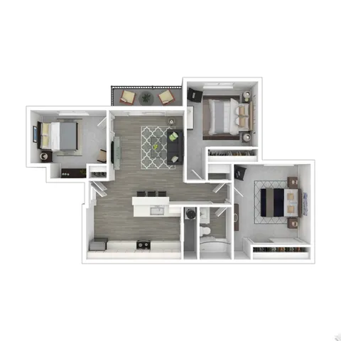 Modern 3D floor plan showcasing two spacious bedrooms, an open-concept living and dining area, sleek kitchen, and cozy balcony.