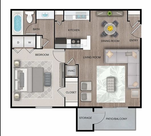 Modern 2D apartment floor plan showcasing one bedroom, one bath, open kitchen and dining area, spacious living room, and patio, totaling 700 sq ft.
