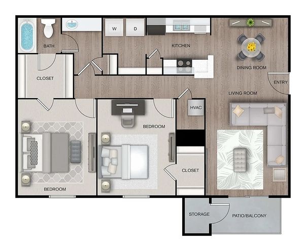 Modern floor plan highlighting two spacious bedrooms, a stylish kitchen, and an inviting living room with patio access. Total area of 1,010 sq ft, complete with dining space and ample storage.