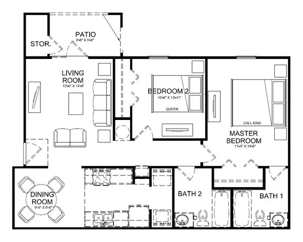 Modern floor plan showcasing a spacious two-bedroom apartment with a California King master suite, open living room, and versatile kitchen. Includes a cozy dining area, two bathrooms, and patio access.
