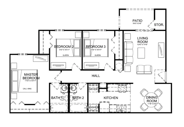 Modern floor plan showcasing a master bedroom with California king, two additional queen bedrooms, open living room, and a cozy patio.
