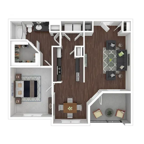 Elegant floor plan with two bedrooms, modern kitchen, cozy living area, stylish dining room, and inviting patio space.