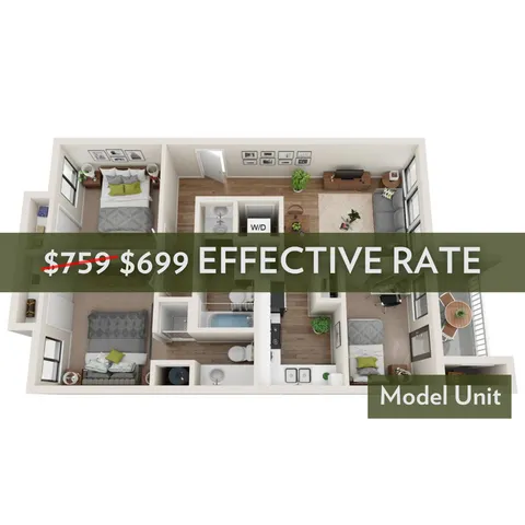 Contemporary 3D apartment model unit showcasing 2 bedrooms, a stylish living room, and modern kitchen at an effective rate of $699.