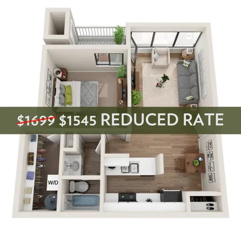 Charming one-bedroom apartment floor plan with an open living area, cozy bedroom, modern kitchen, and private balcony. Now available at a reduced rate of $1545, down from $1699.