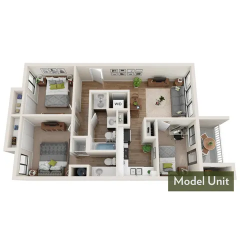 Modern 3D floor plan showcasing a model unit with two elegant bedrooms, a cozy living area, a sleek kitchen, and a stylish balcony.