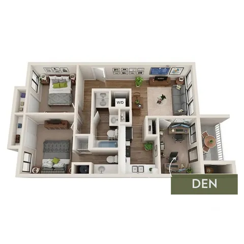 Modern 3D floor plan featuring 2 cozy bedrooms, a versatile den, and an airy living area with a balcony.