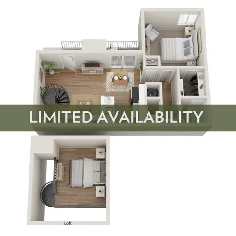 Modern 3D floor plan with one bedroom, cozy living space, and a stylish loft area, showcasing limited availability.