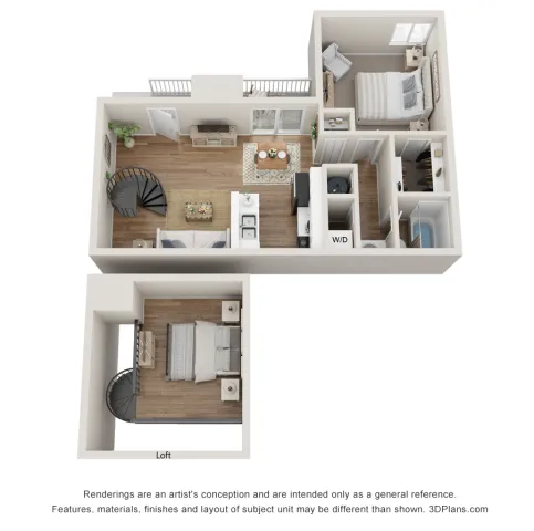 Modern 3D floor plan with one bedroom, cozy living space, and a stylish loft area, showcasing limited availability.