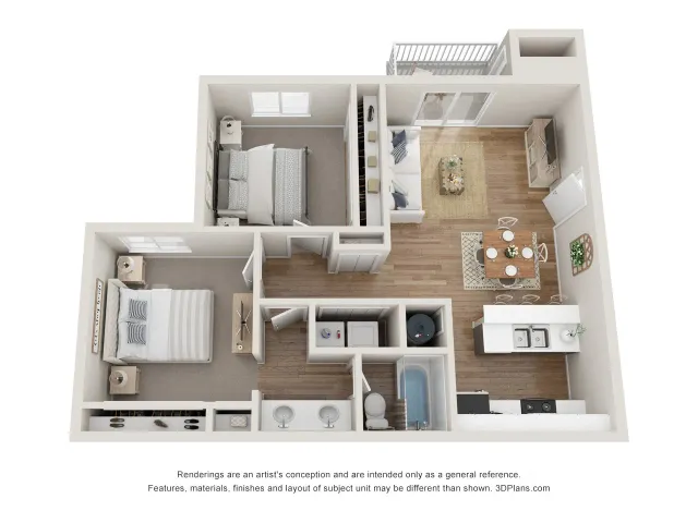 Modern 3D floor plan showcasing 2 bedrooms, a bright open living space, and a sleek kitchen with island seating. Perfect for contemporary living.