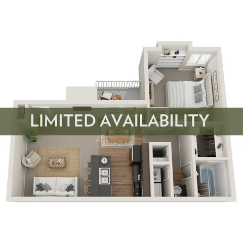 Modern 3D floor plan showcasing a cozy one-bedroom apartment with an open-concept living and dining area, stylish kitchen, and inviting bathroom. Limited availability ensures an exclusive living experience.