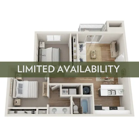 Modern 3D floor plan showcasing a cozy 2-bedroom apartment with an inviting living area, sleek kitchen, and private balcony.