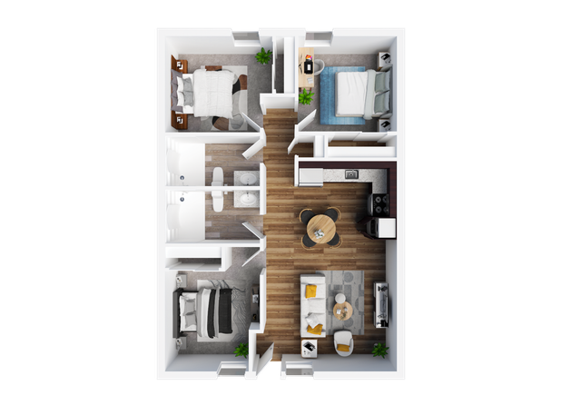 Modern apartment floor plan showcasing three bedrooms, a stylish open living area, and a sleek kitchen perfect for urban living.