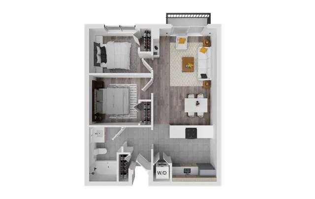 Contemporary 2-bedroom apartment floor plan with a cozy living room, modern kitchen, and stylish dining area.