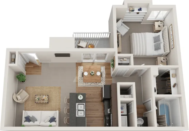 Modern 3D floor plan showcasing a cozy one-bedroom apartment with an open-concept living and dining area, stylish kitchen, and inviting bathroom. Limited availability ensures an exclusive living experience.