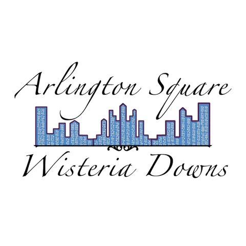 Elegant logo featuring \'Arlington Square and Wisteria Downs\' in stylish script with a modern city skyline graphic.