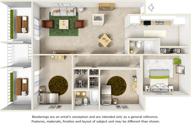 Heron floor plan with 3 bedroom, 2 bathrooms and a fireplace