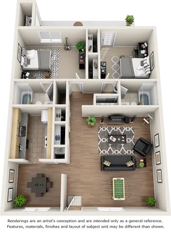 Arcadia 2 bedrooms 2 bathrooms floor plan.